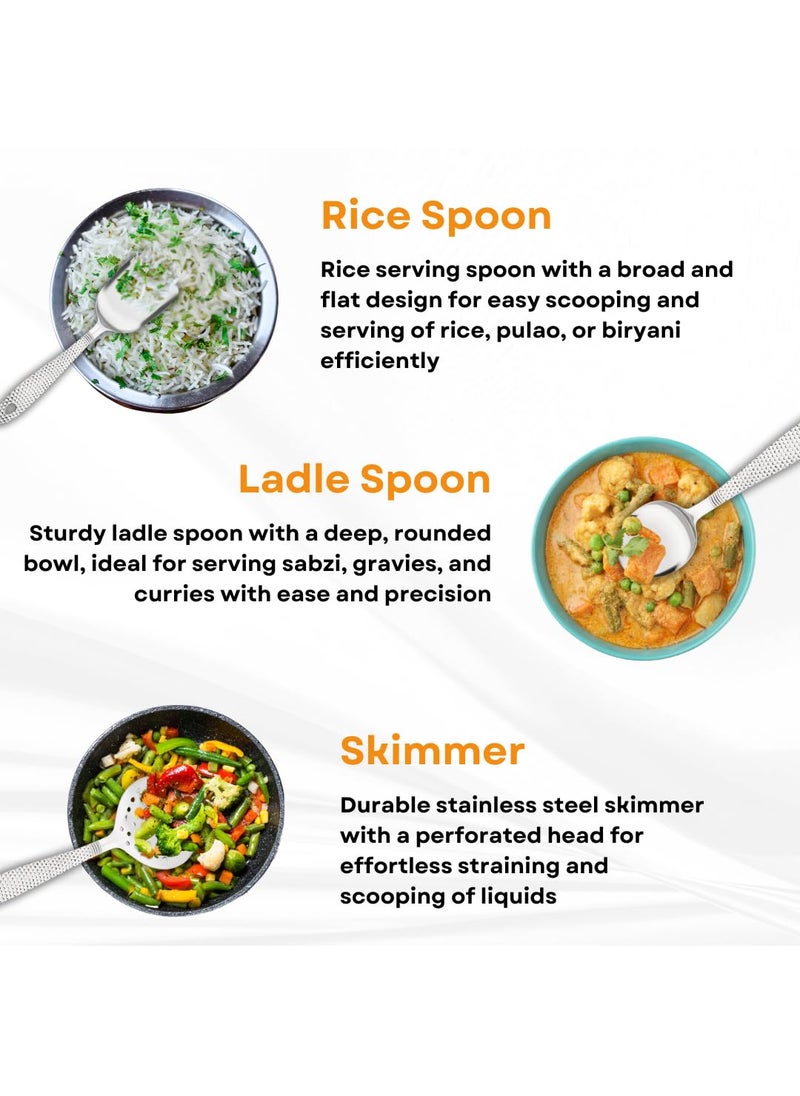 ESTOILE Stainless Steel Designer Serving Spoon Set 1 Ladle Karchi 1 Oval Solid Spoon 1 Round Solid Spoon Chamcha and 1 Rice Spoon 1 Skimmer 1 Turner 6 Serving Spoon