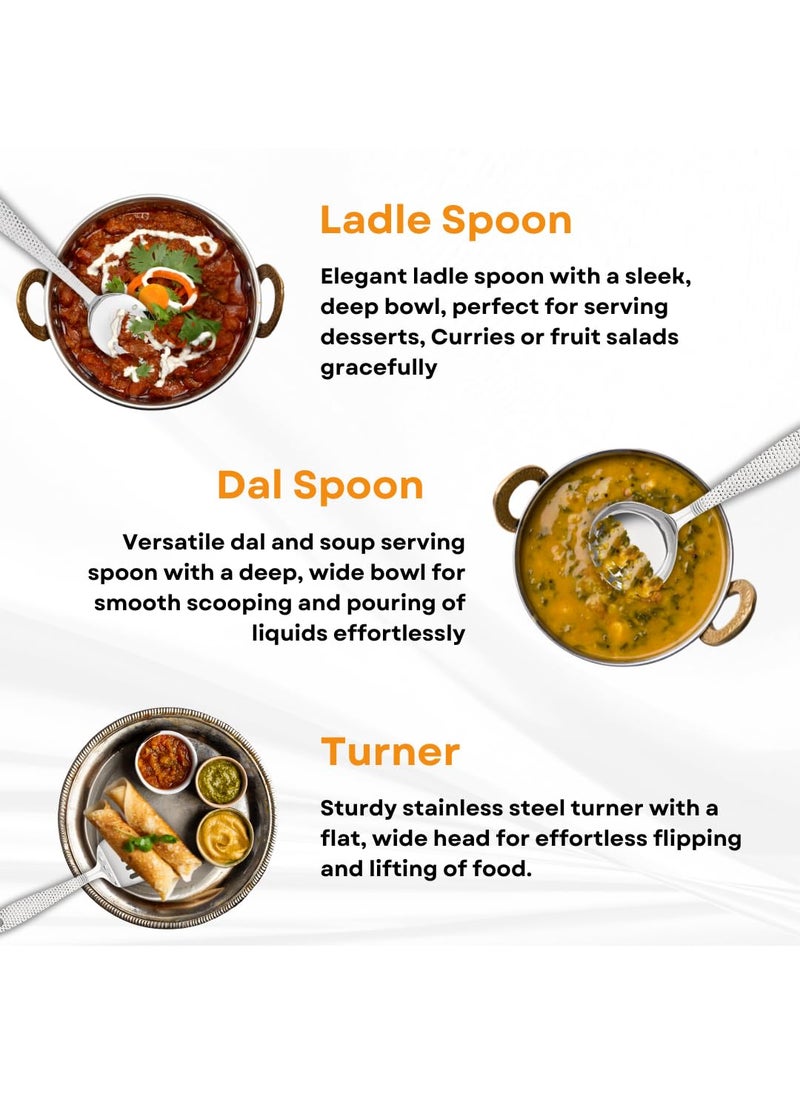 ESTOILE Stainless Steel Designer Serving Spoon Set 1 Ladle Karchi 1 Oval Solid Spoon 1 Round Solid Spoon Chamcha and 1 Rice Spoon 1 Skimmer 1 Turner 6 Serving Spoon