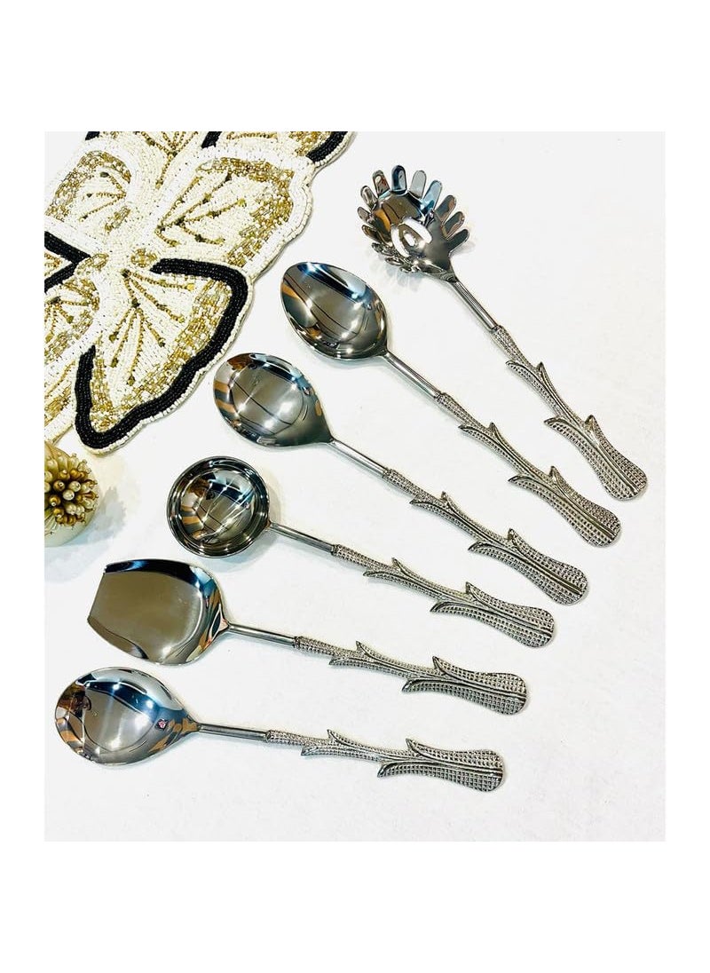 MFUMADE FOR YOU Mother of Pearl Serving Spoon Set Set of 6 Stainless Steel with Brass Inlay Elegant Silver Finish Packaged in a Premium Gift Box Perfect for Dining and Entertaining