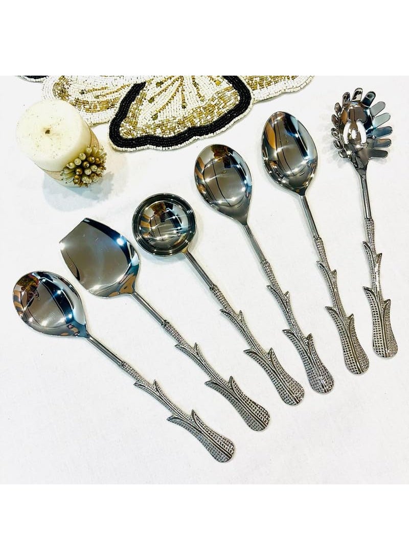 MFUMADE FOR YOU Mother of Pearl Serving Spoon Set Set of 6 Stainless Steel with Brass Inlay Elegant Silver Finish Packaged in a Premium Gift Box Perfect for Dining and Entertaining