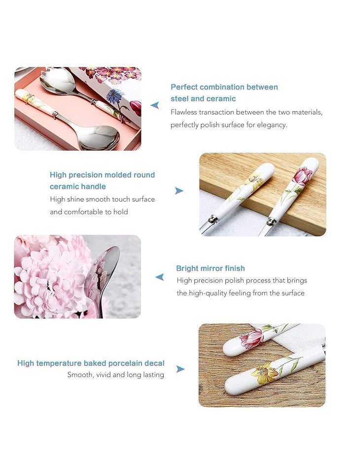 Home Treasure Stainless Steel Serving Spoon with Ceramic Handle Salad Serving Set with Gift Box 2Piece