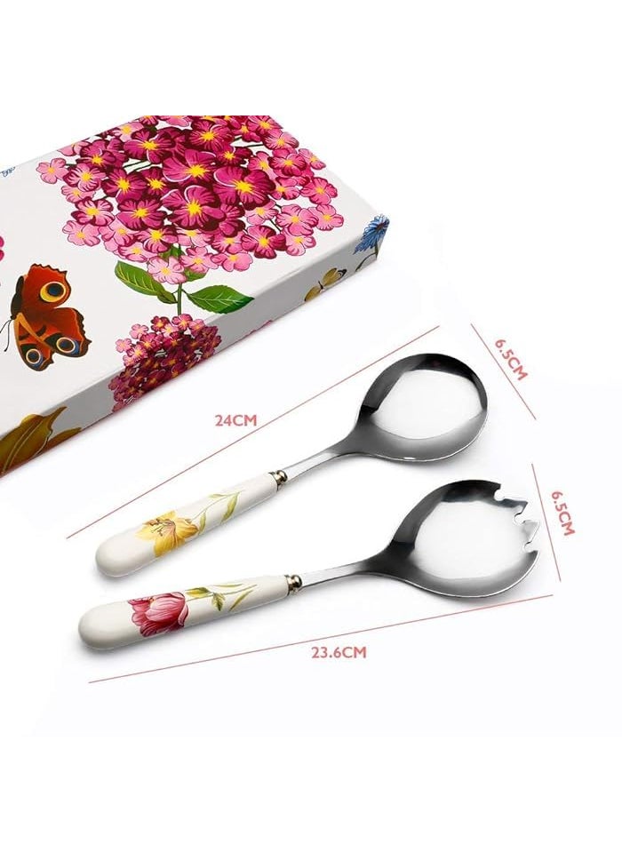 Home Treasure Stainless Steel Serving Spoon with Ceramic Handle Salad Serving Set with Gift Box 2Piece