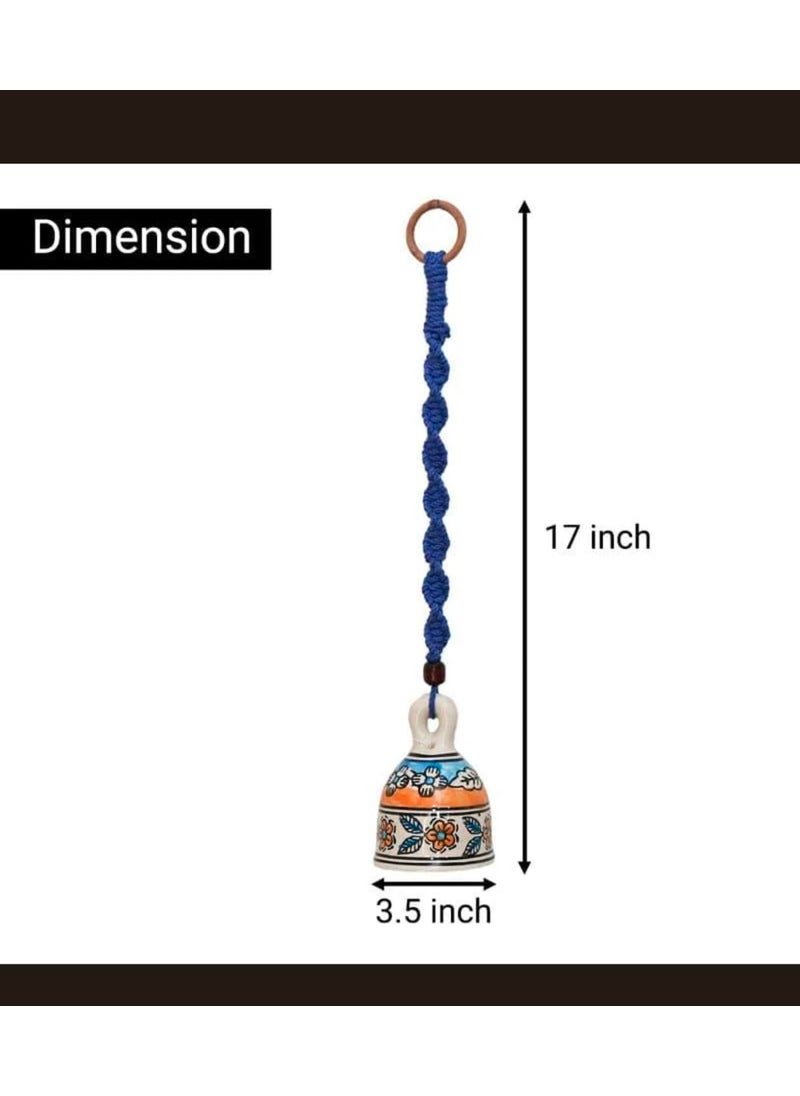 Shopping Shots Flora Ethnic Festive Ceramic Bell Hand Painted with Macrame Rope Set of 2 Blue Colour with Ceramic Hand Painted Hooks