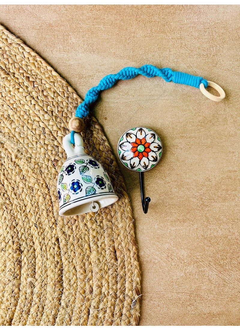 Shopping Shots Flora Ethnic Festive Ceramic Bell Hand Painted with Macrame Rope Set of 2 Blue Colour with Ceramic Hand Painted Hooks