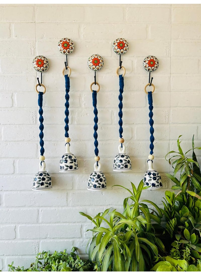 Shopping Shots Flora Ethnic Festive Ceramic Bell Hand Painted with Macrame Rope Set of 2 Blue Colour with Ceramic Hand Painted Hooks