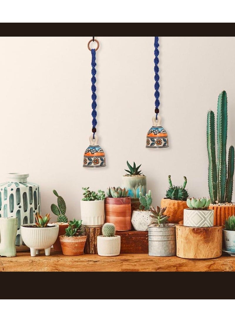 Shopping Shots Flora Ethnic Festive Ceramic Bell Hand Painted with Macrame Rope Set of 2 Blue Colour with Ceramic Hand Painted Hooks