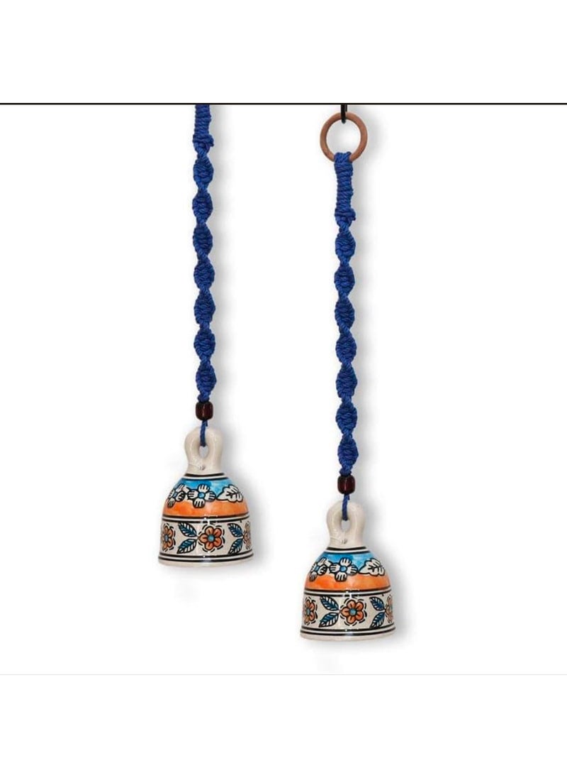 Shopping Shots Flora Ethnic Festive Ceramic Bell Hand Painted with Macrame Rope Set of 2 Blue Colour with Ceramic Hand Painted Hooks
