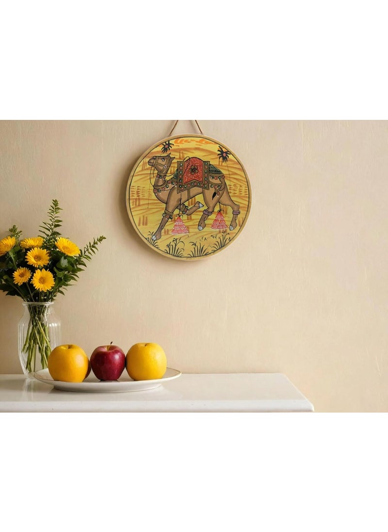 SHILPAM Handcrafted Traditional Pichwai Artwork Camel Painted Round Shape Wooden Wall Hanging Plate for Decorative Home Office Cafe Restraunt 6 inches