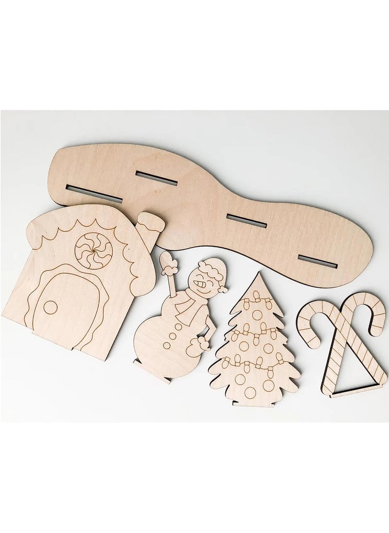 Cliths Pack of 4 Christmas Snowman Gingerbread House DIY Paint Kit 11 Inch Wooden Ornaments Holiday Decorating Christmas Crafts for Kids Gift Tags Christmas Tree Decor