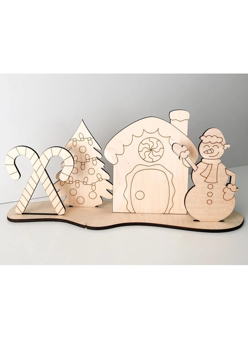 Cliths Pack of 4 Christmas Snowman Gingerbread House DIY Paint Kit 11 Inch Wooden Ornaments Holiday Decorating Christmas Crafts for Kids Gift Tags Christmas Tree Decor