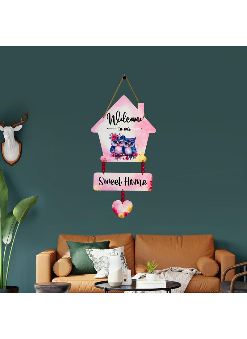 Charming Dual Owl Wooden Wall Hanging Welcome to Sweet Home Dcor