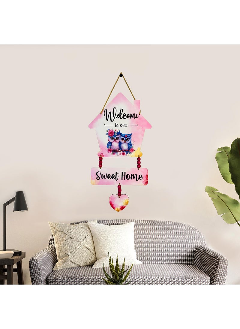 Charming Dual Owl Wooden Wall Hanging Welcome to Sweet Home Dcor