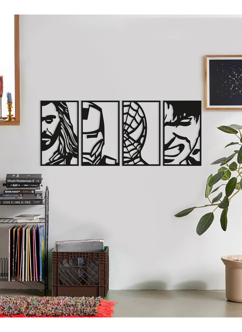 SHIVASHRAY CRAFTS Avengers Face Portraits Wood Wall Art Set Geometric Framed Avenger Superheroes Wall Decor Wooden Spiderman Thor Hulk Ironman Wall Hanging Set of 4 12 Inches
