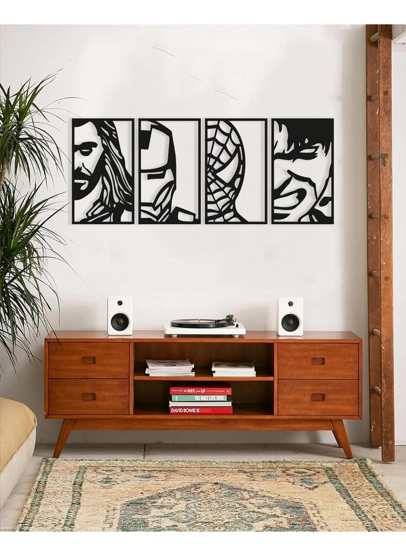 SHIVASHRAY CRAFTS Avengers Face Portraits Wood Wall Art Set Geometric Framed Avenger Superheroes Wall Decor Wooden Spiderman Thor Hulk Ironman Wall Hanging Set of 4 12 Inches
