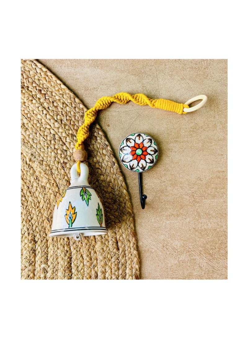 Shopping Shots Ceramic HandPainted Macrame Bell Bohemian Flowers Printed Pack of 5 Medium Size Ringing Bells Size 5inch with Complementary Ceramic Hooks