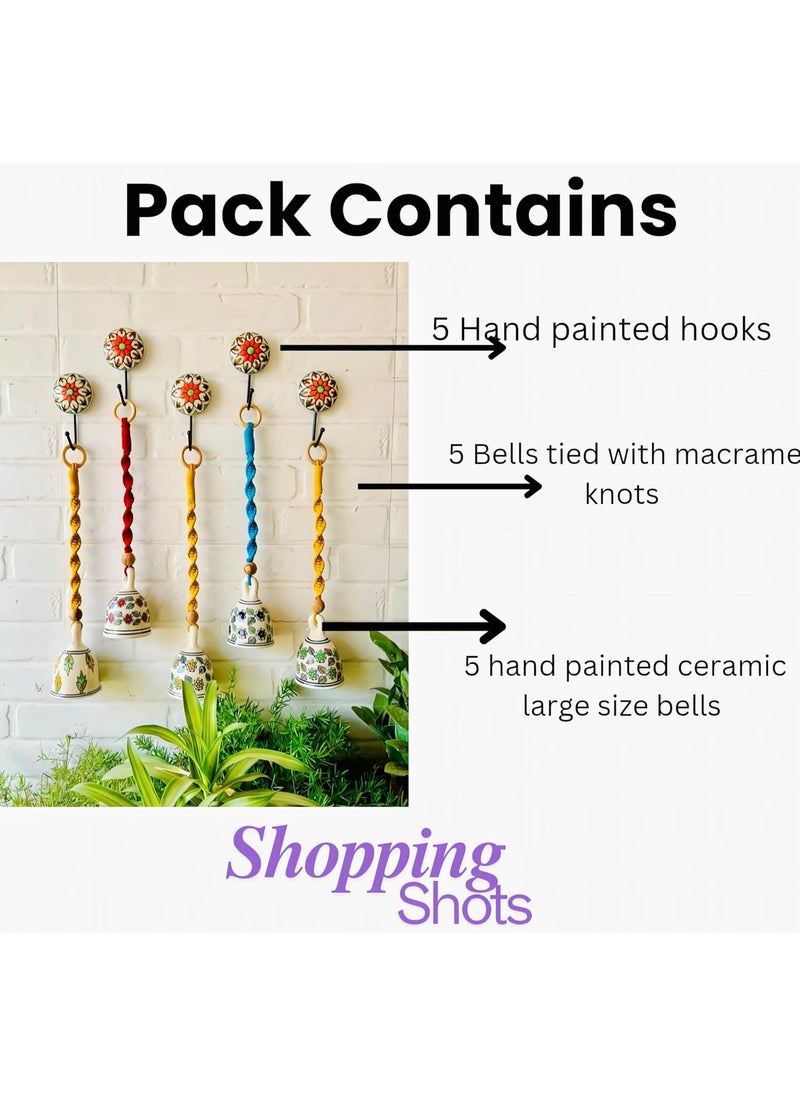Shopping Shots Ceramic HandPainted Macrame Bell Bohemian Flowers Printed Pack of 5 Medium Size Ringing Bells Size 5inch with Complementary Ceramic Hooks