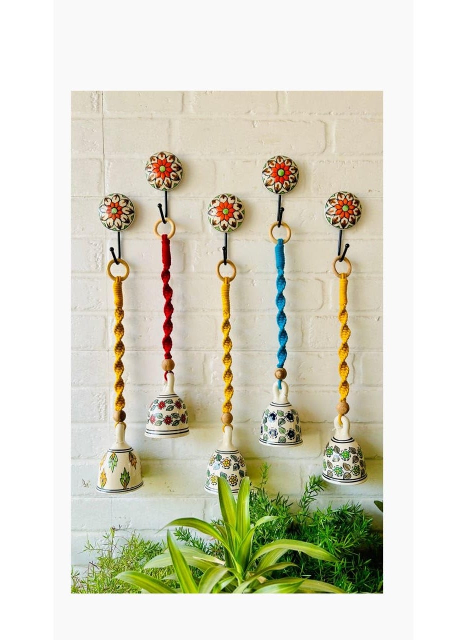 Shopping Shots Ceramic HandPainted Macrame Bell Bohemian Flowers Printed Pack of 5 Medium Size Ringing Bells Size 5inch with Complementary Ceramic Hooks