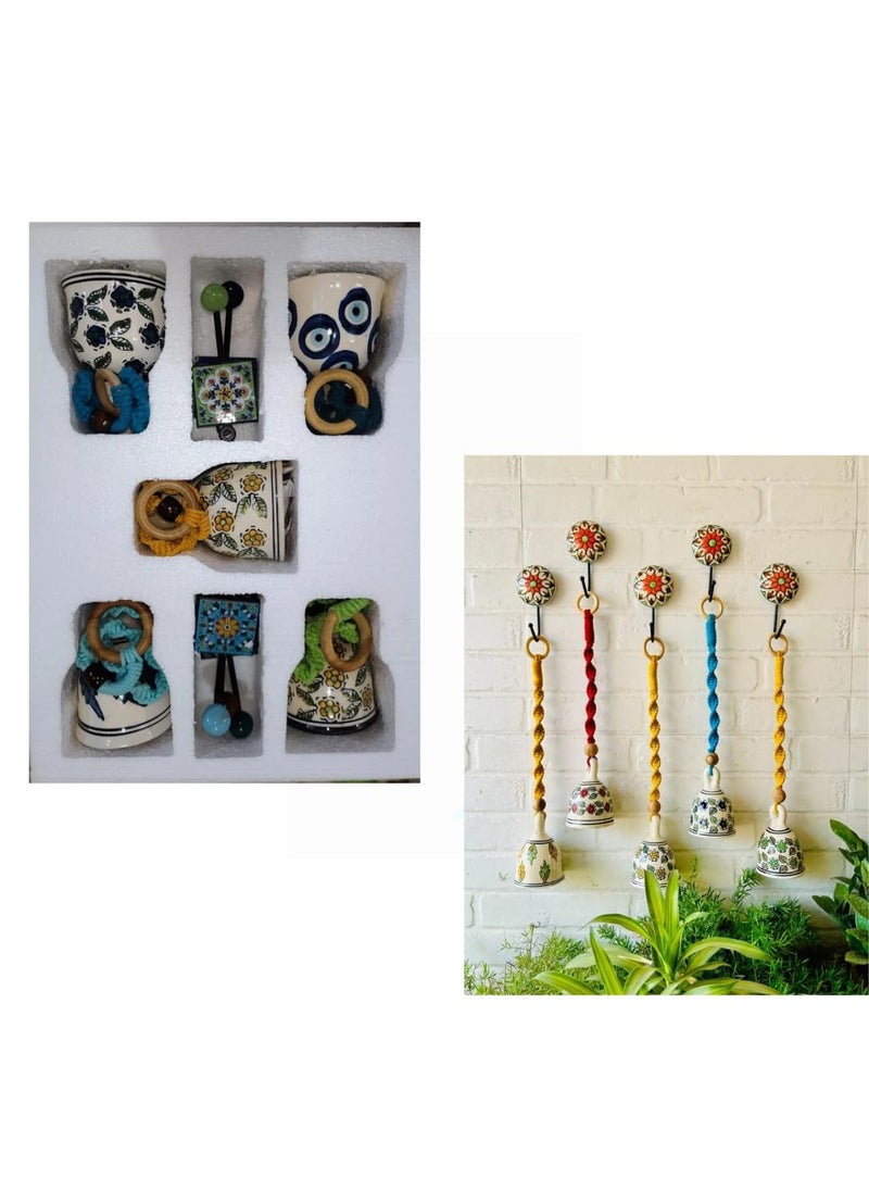 Shopping Shots Ceramic HandPainted Macrame Bell Bohemian Flowers Printed Pack of 5 Medium Size Ringing Bells Size 5inch with Complementary Ceramic Hooks
