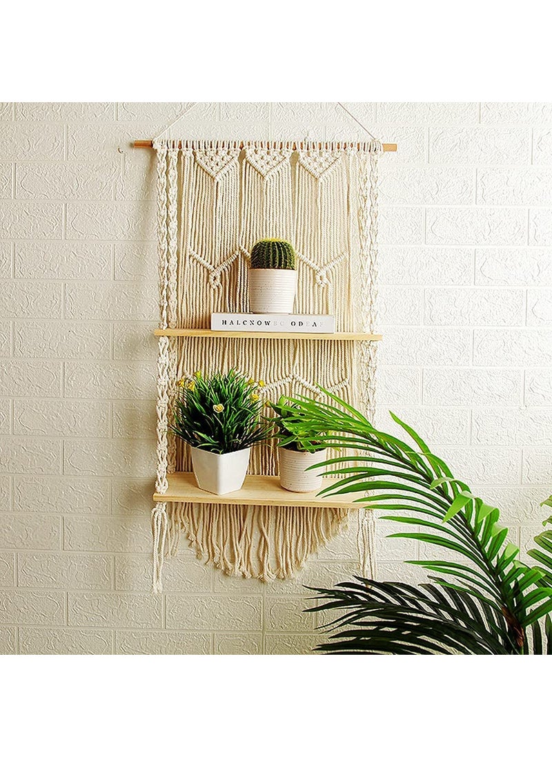 URHAN Macrame Indoor Wall Hanging Shelf Chic Decor Wood Floating Boho ShelvesWS02 with Wooden Dowel Hand Woven Bohemian Decor for Apartment Dorm Bedroom Living Room Nursery Beige 90 x 35cm