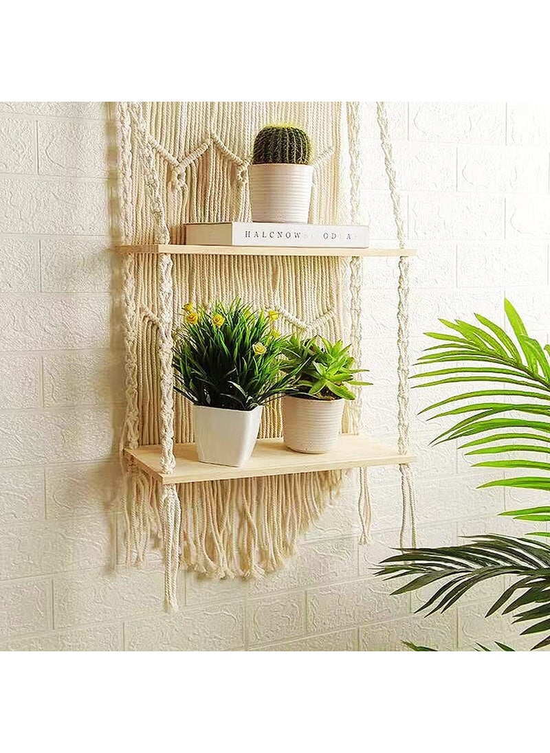 URHAN Macrame Indoor Wall Hanging Shelf Chic Decor Wood Floating Boho ShelvesWS02 with Wooden Dowel Hand Woven Bohemian Decor for Apartment Dorm Bedroom Living Room Nursery Beige 90 x 35cm