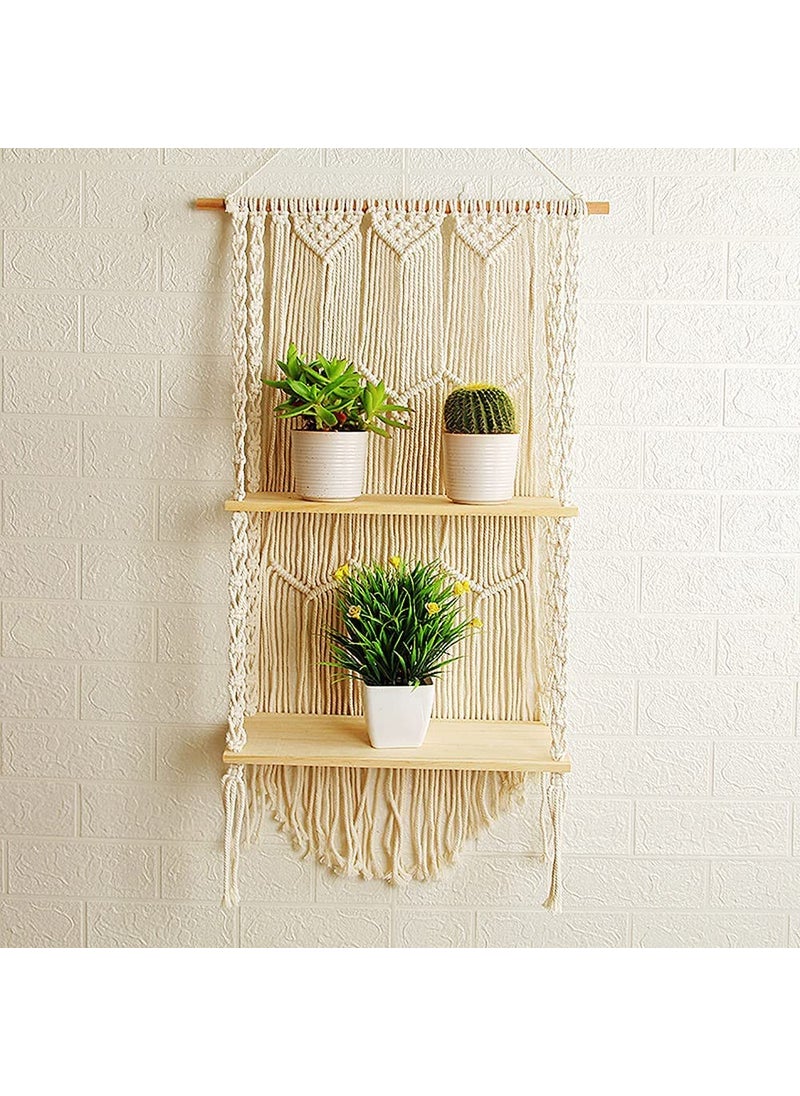 URHAN Macrame Indoor Wall Hanging Shelf Chic Decor Wood Floating Boho ShelvesWS02 with Wooden Dowel Hand Woven Bohemian Decor for Apartment Dorm Bedroom Living Room Nursery Beige 90 x 35cm