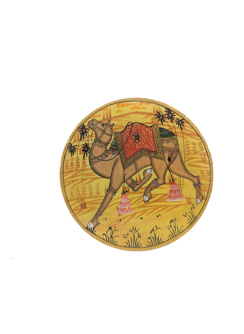 SHILPAM Handcrafted Traditional Pichwai Artwork Camel Painted Round Shape Wooden Wall Hanging Plate for Decorative Home Office Cafe Restraunt 8 inches