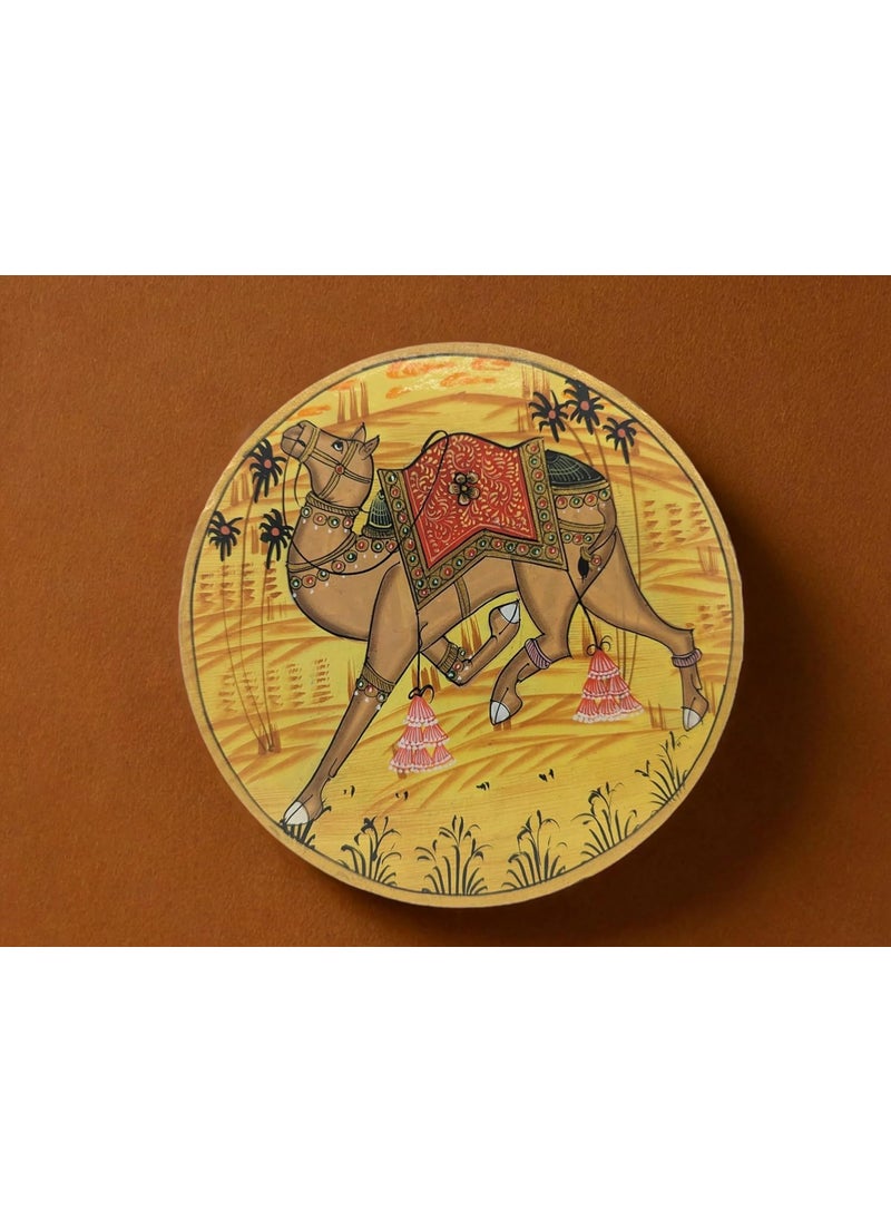 SHILPAM Handcrafted Traditional Pichwai Artwork Camel Painted Round Shape Wooden Wall Hanging Plate for Decorative Home Office Cafe Restraunt 8 inches