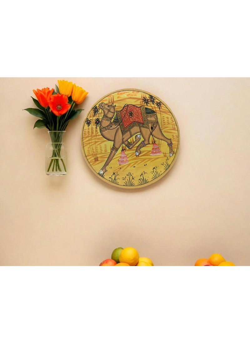 SHILPAM Handcrafted Traditional Pichwai Artwork Camel Painted Round Shape Wooden Wall Hanging Plate for Decorative Home Office Cafe Restraunt 8 inches