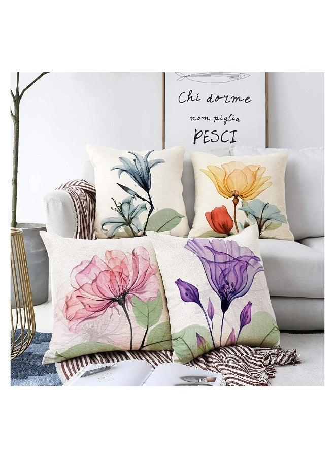 Decorative Floral Flower Pillow Covers 18 x18“ Linen Cushion Case for Living Room Couch Sofa Patio Outdoor Home Deco Ink Flower Linen Printed Pillowcase Home Sofa Bedside Office Pillowcase