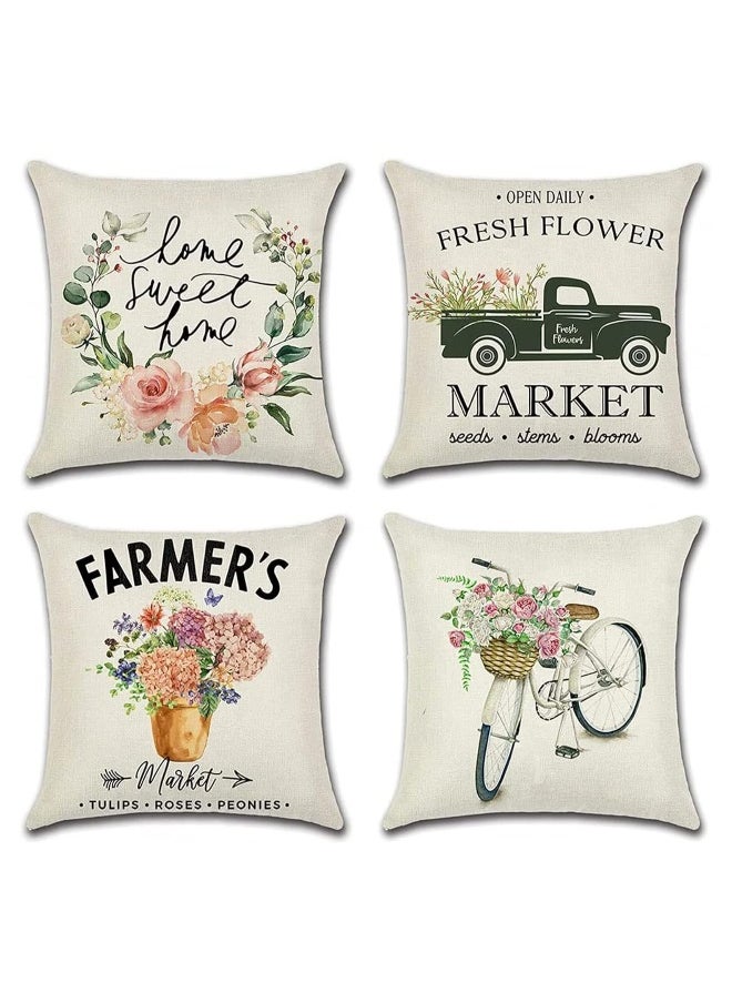 Decorative Throw Pillow Covers Pack of 4, Waterproof Cushion Covers, Perfect to Outdoor Patio Garden Living Room Sofa Farmhouse Decor (18x18 Inches) (Tulip Farm Cycling Flowers)