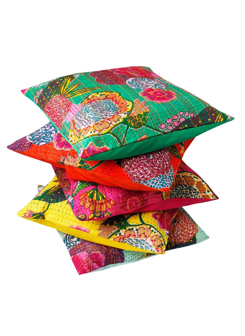 Twigforever Halowishes Jaipuri Kantha Work with Floral Design Cotton Cushion Cover Multicolour Set of 5 Pieces