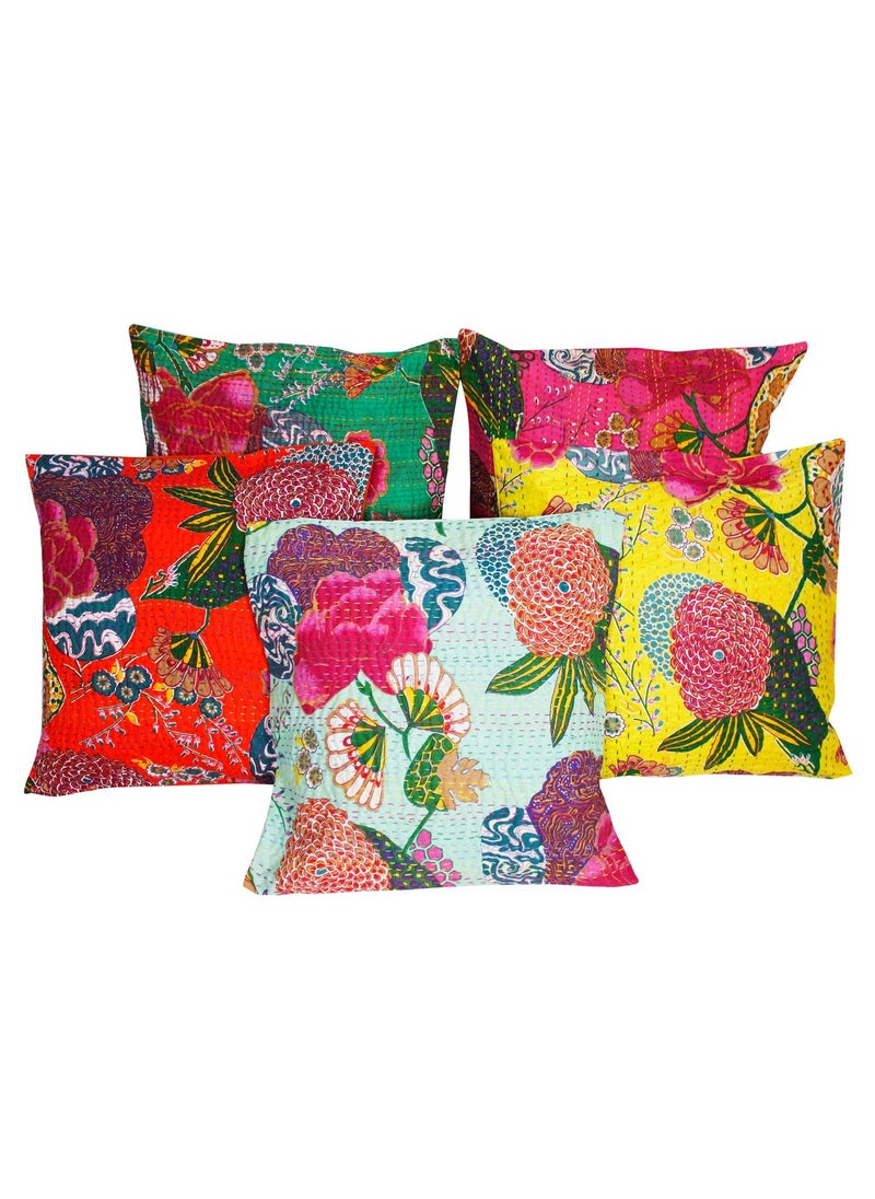 Twigforever Halowishes Jaipuri Kantha Work with Floral Design Cotton Cushion Cover Multicolour Set of 5 Pieces