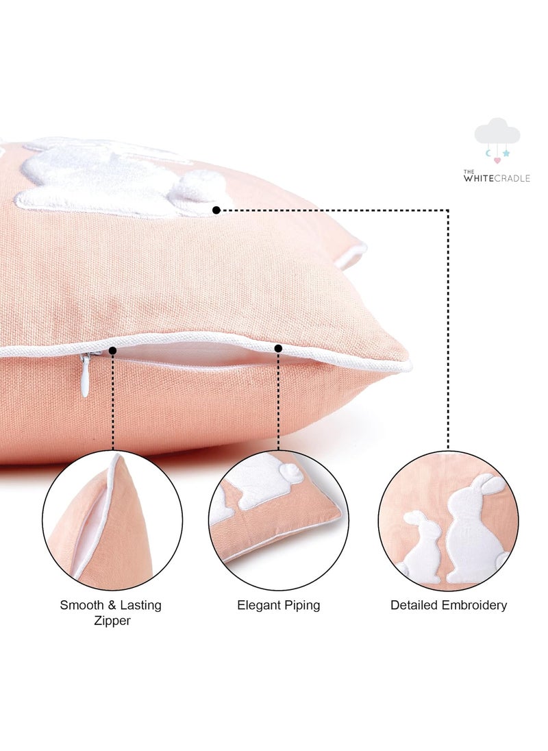 The White Cradle White Dyed Duck Cotton Pillow 14x14 in Elegant Piping with Detailed Embroidery Adds Character and Luxury to Your Kids Play Area Pink Rabbit