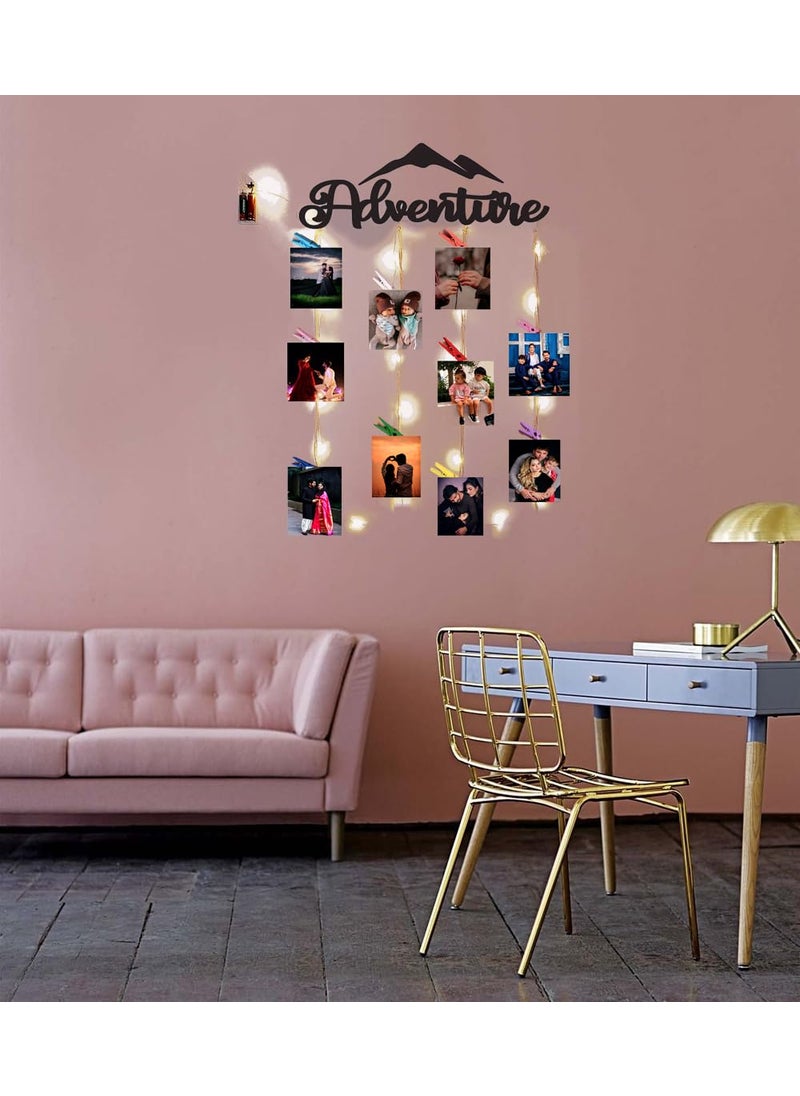 Khush Its Amazing Home Decor Wood Adventure With LED Light Hanging Photo Display DIY Picture Photo Frame Collage Set Includes Multi colour Clips