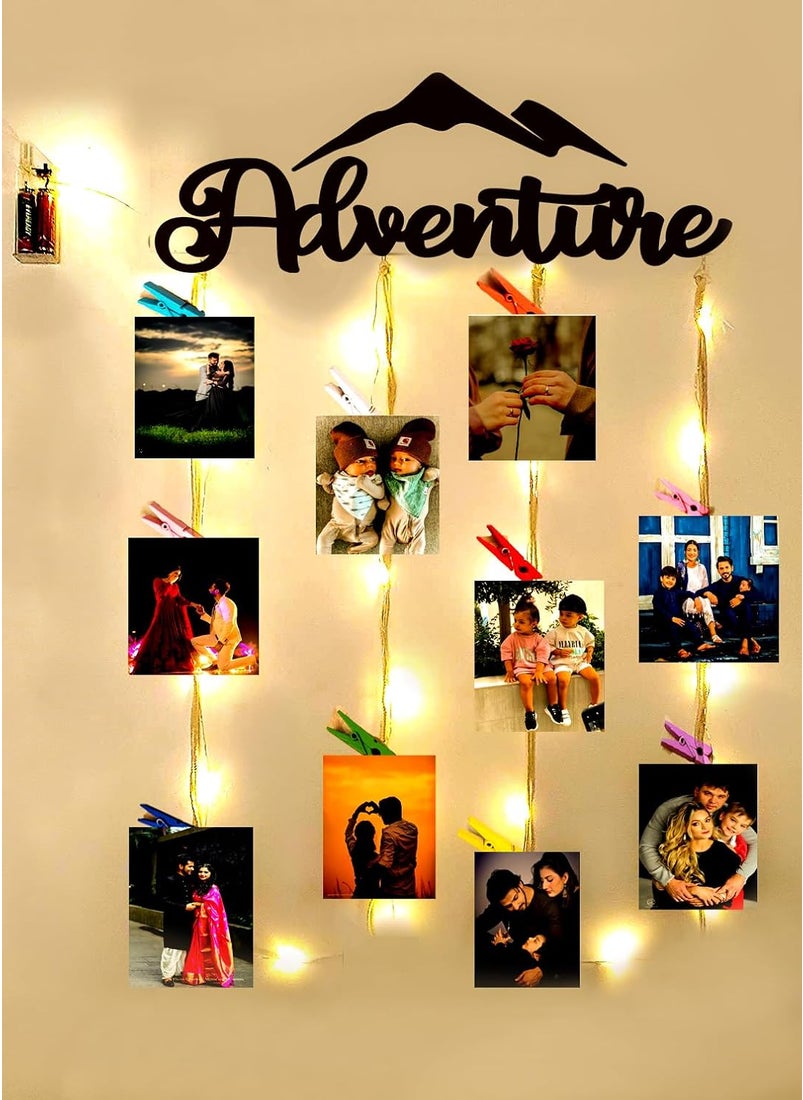 Khush Its Amazing Home Decor Wood Adventure With LED Light Hanging Photo Display DIY Picture Photo Frame Collage Set Includes Multi colour Clips