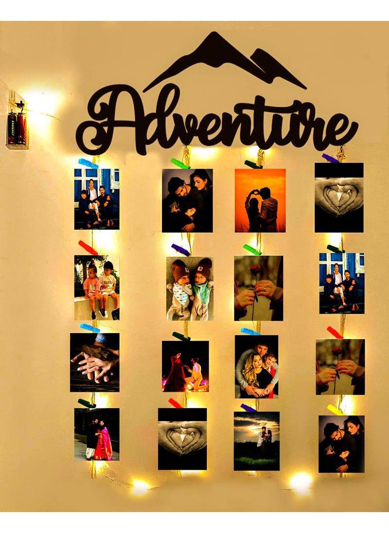 Khush Its Amazing Home Decor Wood Adventure With LED Light Hanging Photo Display DIY Picture Photo Frame Collage Set Includes Multi colour Clips