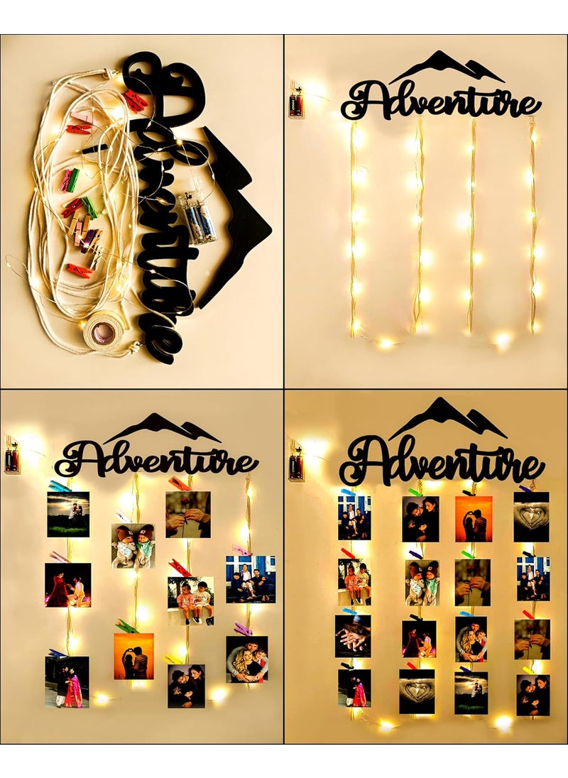 Khush Its Amazing Home Decor Wood Adventure With LED Light Hanging Photo Display DIY Picture Photo Frame Collage Set Includes Multi colour Clips