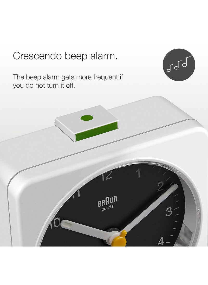 Braun Classic Analogue Alarm Clock with Snooze and Light Quiet Quartz Sweeping Movement Crescendo Beep Alarm in White and Black Model BC03WB