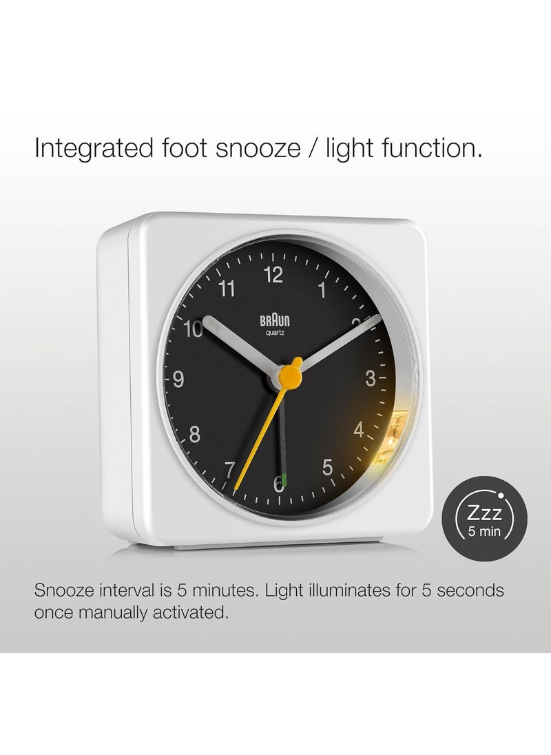 Braun Classic Analogue Alarm Clock with Snooze and Light Quiet Quartz Sweeping Movement Crescendo Beep Alarm in White and Black Model BC03WB