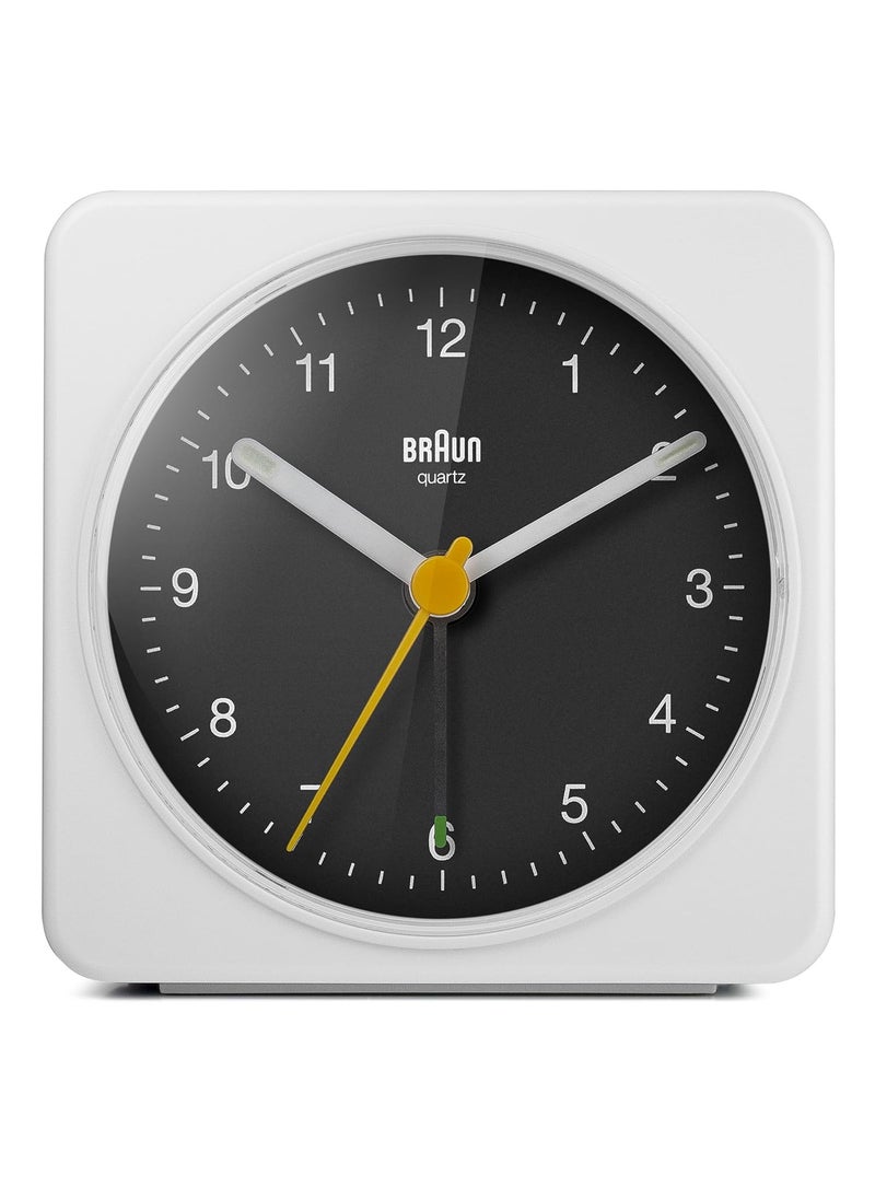Braun Classic Analogue Alarm Clock with Snooze and Light Quiet Quartz Sweeping Movement Crescendo Beep Alarm in White and Black Model BC03WB