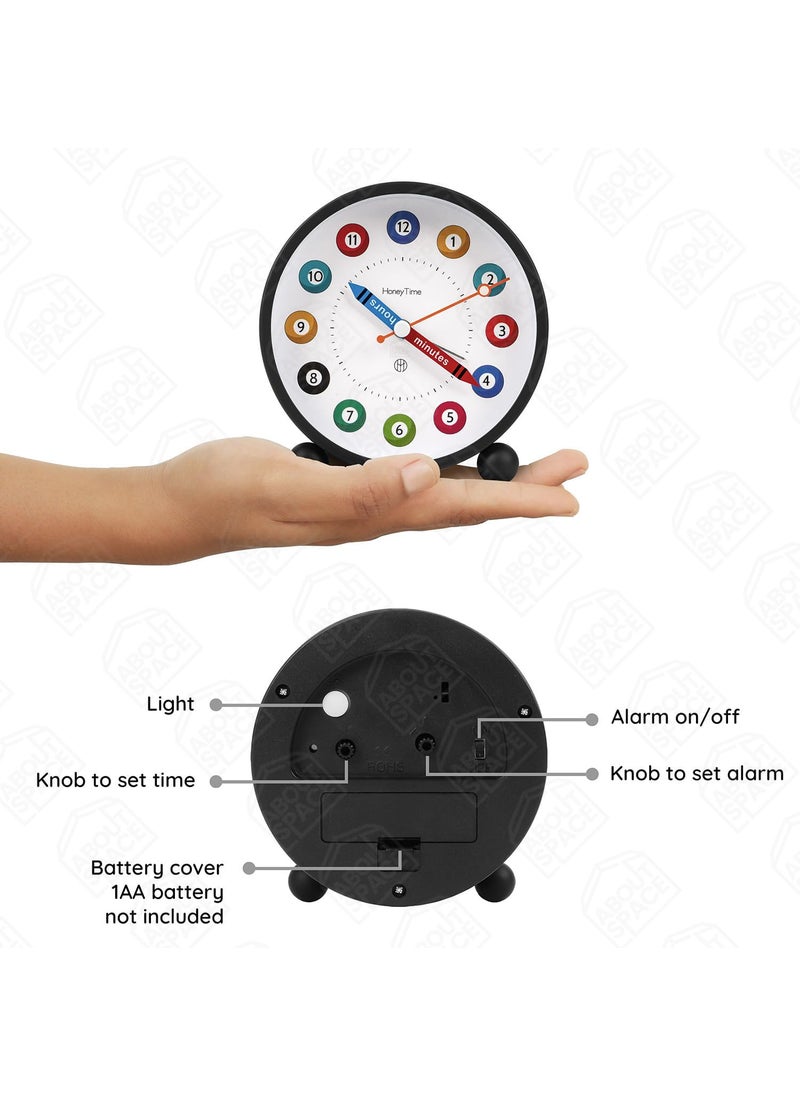 ABOUT SPACE Alarm Clock Silent Analog Table Alarm Clock with Night Light Battery Powered Multicolour Design for Home Office Students Kids Black Battery not included L108xB52xH112cm Metal