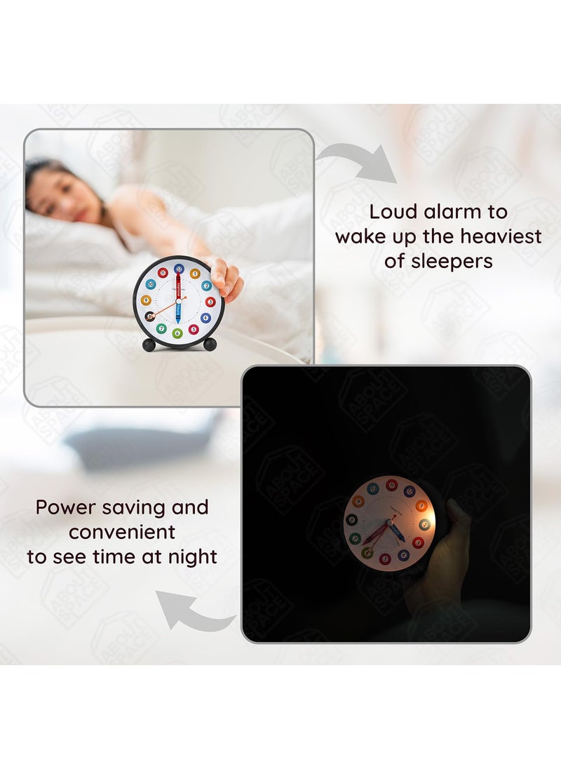 ABOUT SPACE Alarm Clock Silent Analog Table Alarm Clock with Night Light Battery Powered Multicolour Design for Home Office Students Kids Black Battery not included L108xB52xH112cm Metal