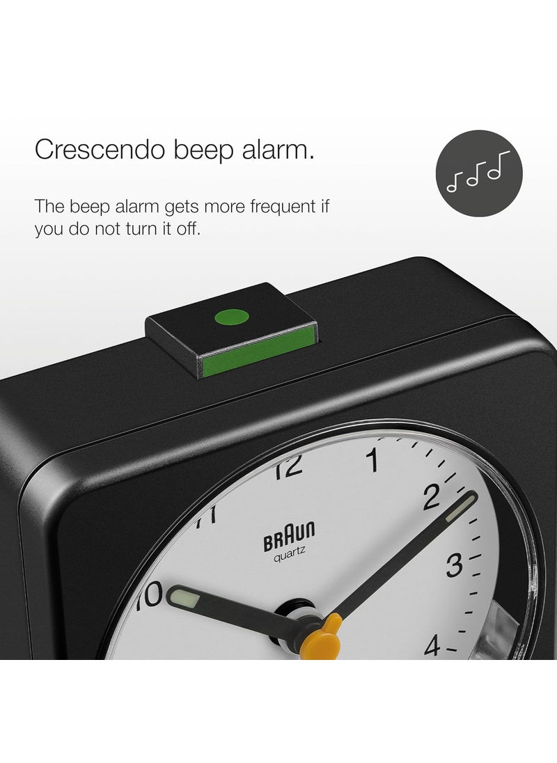 Braun Classic Analogue Alarm Clock with Snooze and Light Quiet Quartz Sweeping Movement Crescendo Beep Alarm in Black and White Model BC03BW