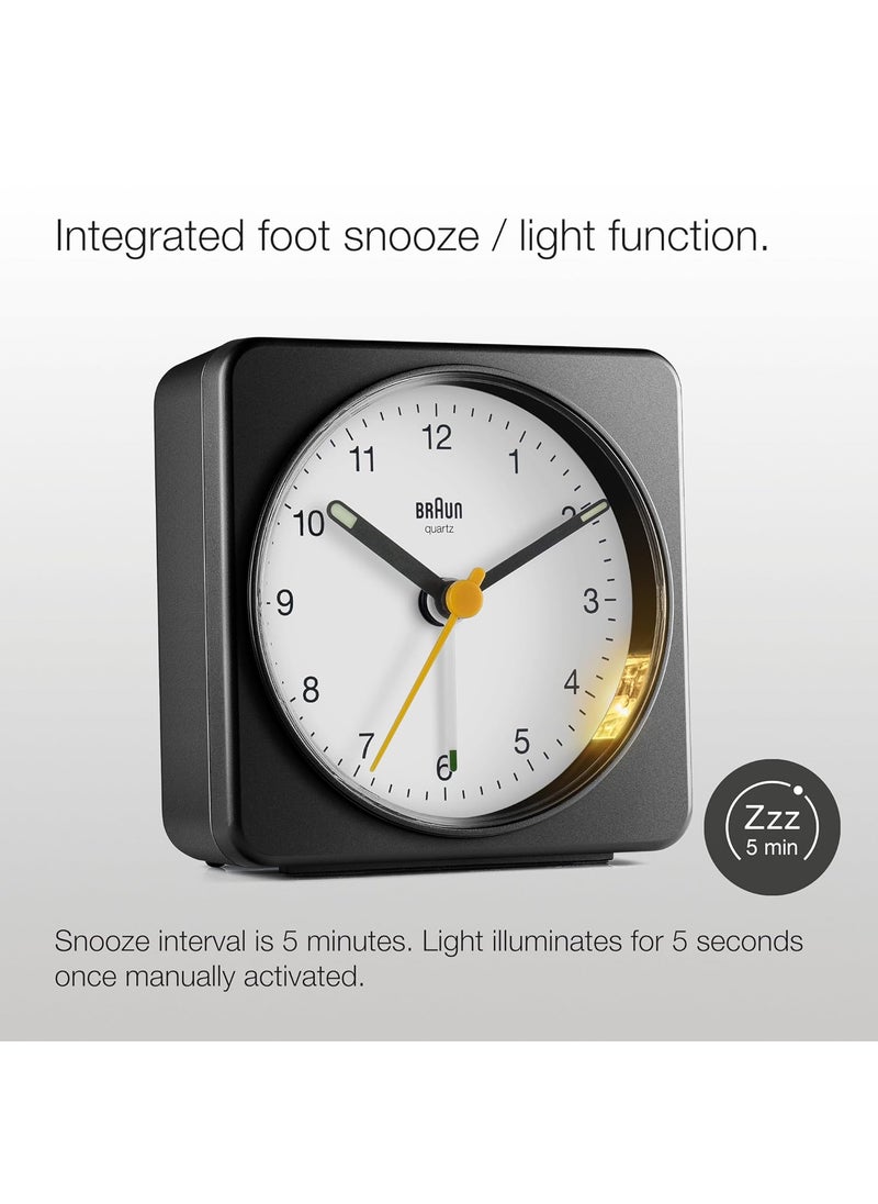 Braun Classic Analogue Alarm Clock with Snooze and Light Quiet Quartz Sweeping Movement Crescendo Beep Alarm in Black and White Model BC03BW