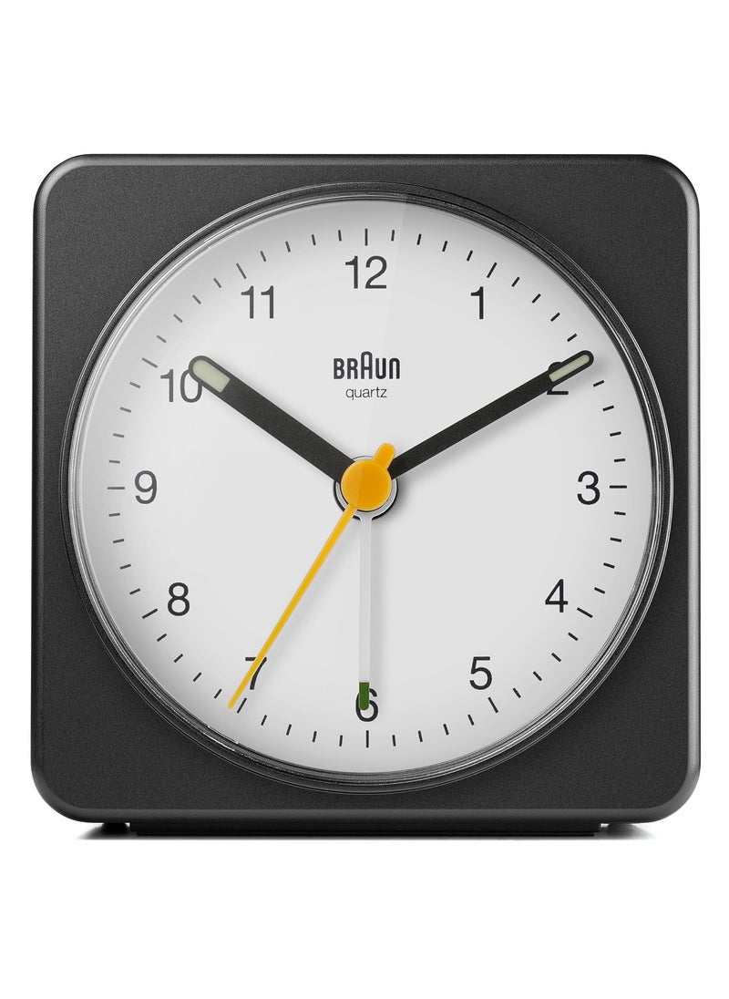 Braun Classic Analogue Alarm Clock with Snooze and Light Quiet Quartz Sweeping Movement Crescendo Beep Alarm in Black and White Model BC03BW
