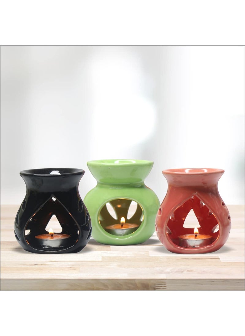 RIPP Set of 3 Regular Ceramic Aroma Burner Oil Diffuser with TealightCeramic Aroma Essential Oil Burner Diffuser for Home Fragrance at Home Office Hotel SPA Pack of 3 BlackGreenRed