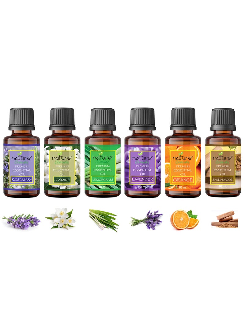 nature clouds Essential Oil Rosemary Jasmine Lemongrass Lavender Orange Sandalwood Combo Set Pure Natural Organic Oils for Aromatherapy Diffuser Pack of 6