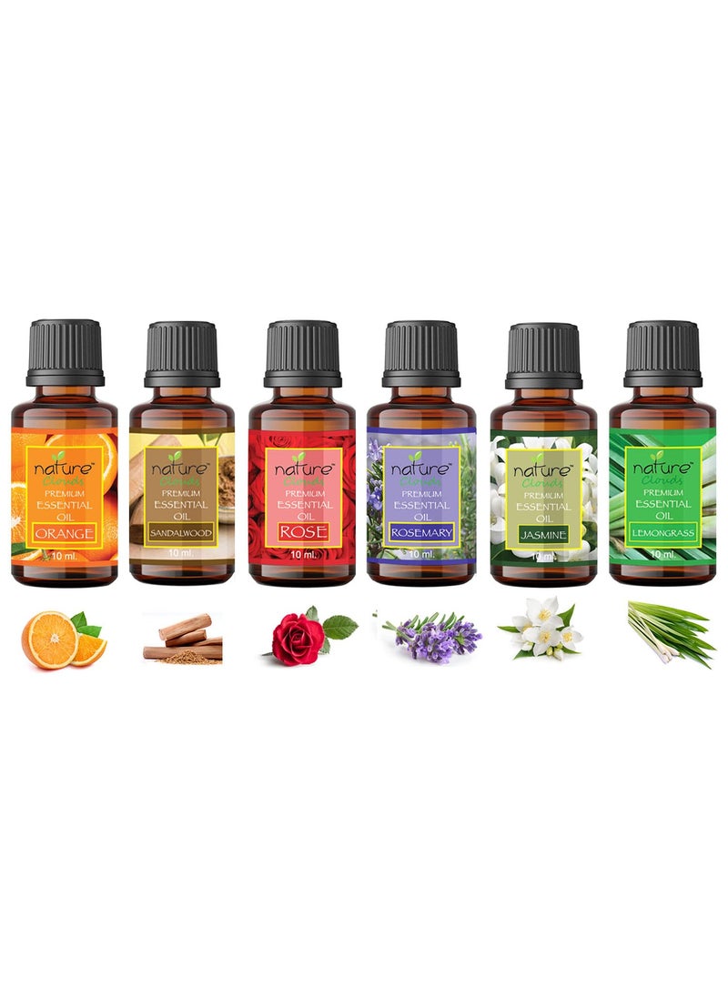 nature clouds Essential Oil Orange Sandalwood Rose Rosemary Jasmine Lemongrass Combo Set Pure Natural Organic Oils for Aromatherapy Diffuser Pack of 6