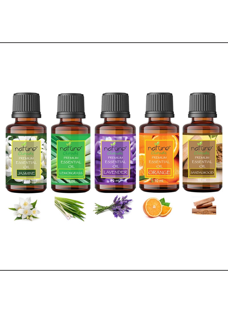 nature clouds Essential Oil Jasmine Lemongrass Lavender Orange Sandalwood Combo Set Pure Natural Organic Oils for Aromatherapy Diffuser Pack of 5
