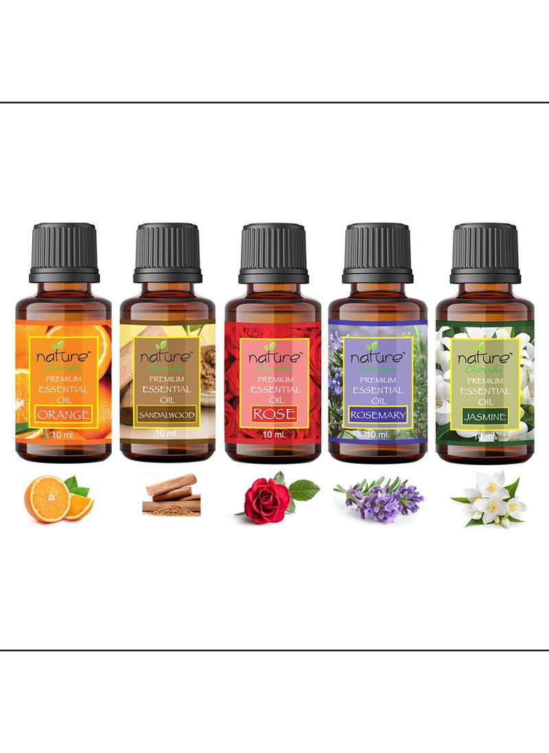 nature clouds Essential Oil Orange Sandalwood Rose Rosemary Jasmine Combo Set Pure Natural Organic Oils for Aromatherapy Diffuser Pack of 5